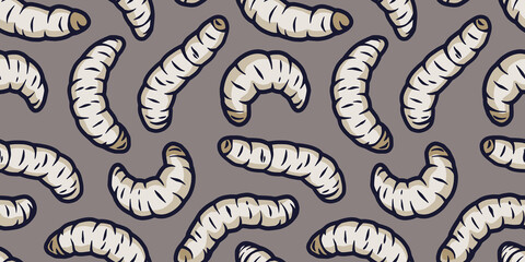 Seamless pattern with maggots or worms for background halloween design. Wallpaper with scary insect larvae for october party banner, poster or postcard