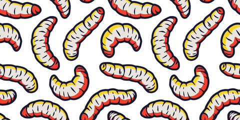 Seamless pattern with maggots or worms for background halloween design. Wallpaper with scary insect larvae for october party banner, poster or postcard