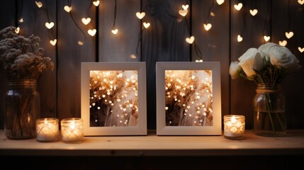 Two wooden photo frames with hearts scattered on a wooden floor and bright light on the photos