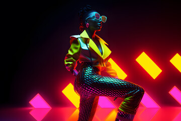 African woman in neon costume and neon shoes, in the style of futuristic pop, luminous color palette