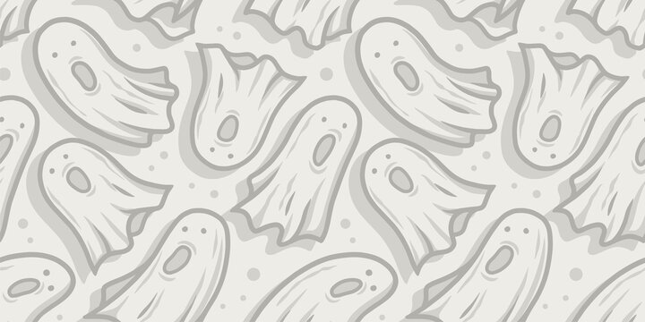 Halloween seamless pattern with ghost for monochrome halloween design. Wallpaper or background with spirit or soul for october party banner, poster or postcard