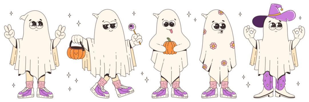 Groovy retro halloween characters. Funky cool ghosts. Happy Halloween. Trendy retro cartoon style vector illustration.