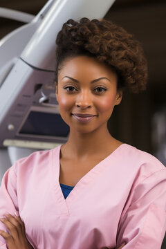 Black woman doctor in pink uniform. Doctor radiologist mammologist, care for women's health. Breast Cancer Awareness