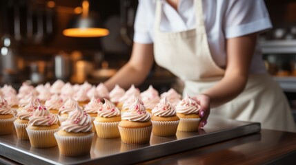 Stock image Pastry chef piping cream onto cupcakes. . . allow copy space, social media banner, bright palette, farmcore, barbiecore