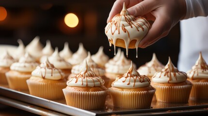 Stock image Pastry chef piping cream onto cupcakes. . . allow copy space, social media banner, bright palette, farmcore, barbiecore - obrazy, fototapety, plakaty