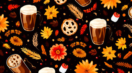 German Oktoberfest themed background or texture. Harvest festival and celebration with beer, edelweiss, grains, and leaves.