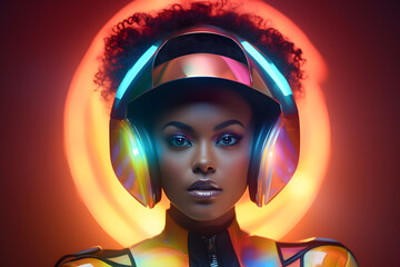 Afro Woman with neon hair in style of retro futurism, colorful bright look