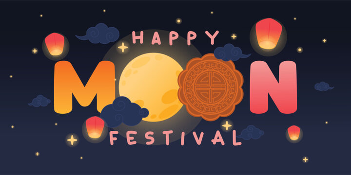 Decorative Text Design Traditional Chinese Moon Festival with Glowing Lantern and Cloud Design for Mid Autumn Celebration, Vector, Illustration