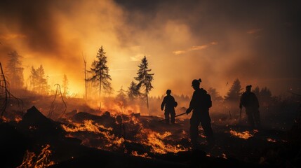 Silhouette of Firemen fighting a raging fire with huge flames of burning timber - obrazy, fototapety, plakaty