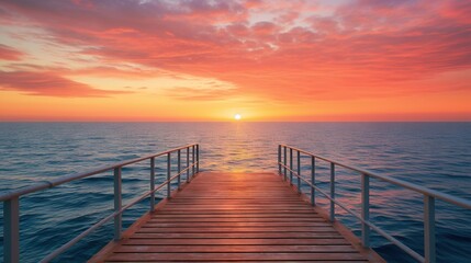 Fototapeta premium a wooden dock extending into the ocean at sunset with the sun in the distance. generative ai