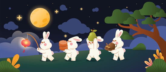 Rabbits Parade in Mid Autumn Festival Carry Festival Objects, Vector, Illustration