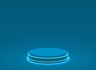 3d blue neon light cylinder podium minimal studio blue dark background. Abstract 3d geometric shape object illustration render. Display for technology product.