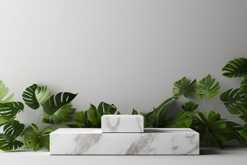 Elegant White Marble Box Podium with Delicate Leaves on White Background Minimalist Showcase for Products. created with Generative AI