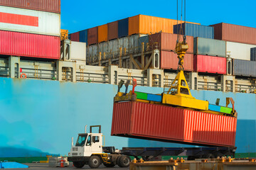 A container being unloaded from a cargo ship and being loaded onto a truck at a port in Chile