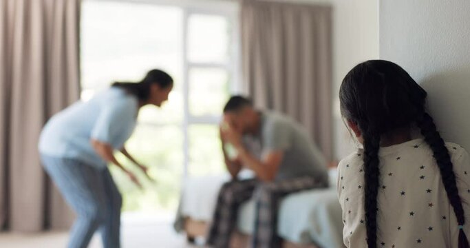 Parents, fighting and girl in a family home listening to mom and dad with marriage problem and issue. Back, scared and sad young child in a house hearing yelling and anger talk of divorce conflict