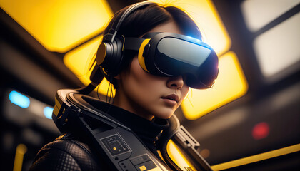 Fototapeta na wymiar Women wearing VR headset, A woman embraces the future as she dons a VR headset and goggles, immersing herself in cutting-edge technology. Virtual Reality Exploration, VR world.