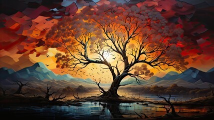 Lonely tree in the sunset. Abstract painting. 