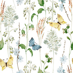 Watercolor delicate wildflowers, butterfly, green herbs floral seamless pattern. Blooming meadow tile. Hand drawn elegant, botanical background. Repeatable texture, paper, wallpaper, fabric, textile