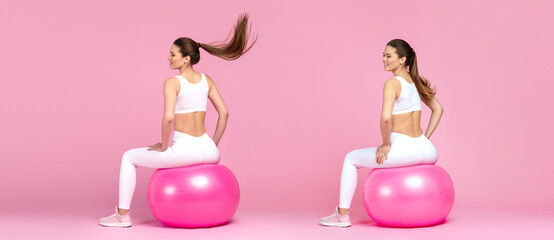 Happy young athletic woman jumping on barbie pink fit ball during fitness workout wearing white...