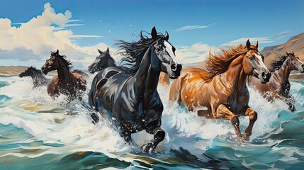 Wild horses running through the waves 