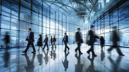 Several business people walk fast motion blur in the corridor of modern office.