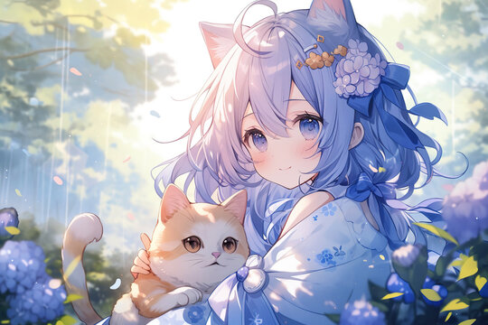 cute kawaii anime girl with blue hair and cat ears, hugging a ginger cat, in the garden