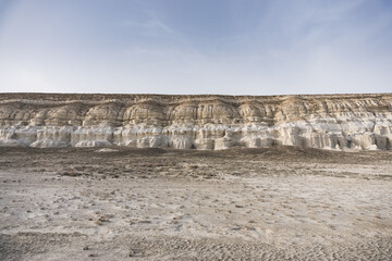 Panoramic view of the Kazakh steppe with ditches from the water and chalk slopes, the shape of...