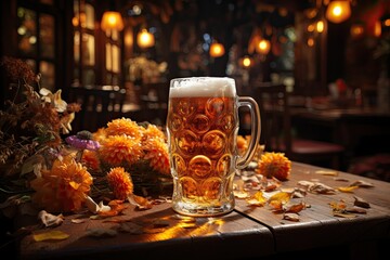 Oktoberfest glass the mass full of beer standing on table