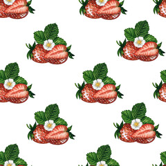 Seamless pattern with fresh and juicy strawberries isolated on white background, hand drawn watercolor illustration. Ideal for background, fabric and textile, postcard, packaging, scrapbooking.