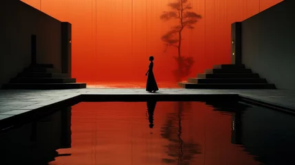  CINEMATIC SHOT. A CHINESE TEMPLE AND water, FASHION PHOTOGRAPHY. BRIGHT LIGHTING AND SOFT CONTRAST. , LIGHT + SPACE OF JAMES TURRELL + BAUHAUS ARCHITECTURALFORMS, . SHARP DETAILS, from above © Dushan