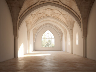 Fototapeta na wymiar long corridor with big windows, arches . Generative AI
