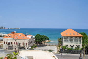 Obraz premium lebanon Jounieh Beirut cityscape coast landscape high up sky clouds mounatins mediterranean sea