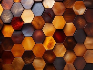 abstract wooden seamless hexagonal mosaic tiles background with hexagons cubes in wooden texture generative ai