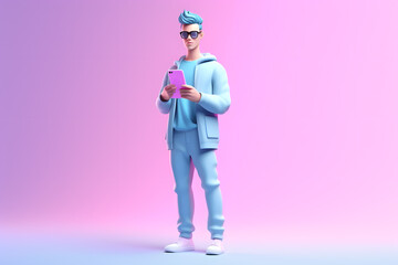 3d illustration of cartoon young man with smartphone isolated on bright background