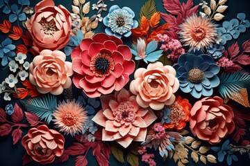 beautiful detailed multicolored background with lush flowers made of colored paper, ai tools generated image