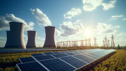 Solar plants in the foreground, a nuclear power plant in the background - obrazy, fototapety, plakaty