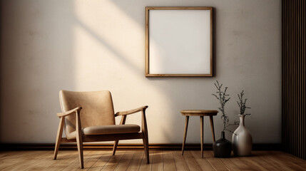 Fototapeta na wymiar Generative AI, Poster frame mockup in beige and brown living room interior, wabi sabi minimalism style