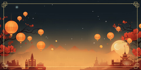 Mid autumn festival greeting card with moon, lantern on pastel background. Chinese translate : Mid Autumn. Chuseok.