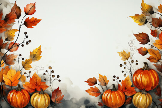 Watercolor autumn leaves and pumpkins on white background.