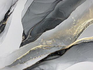 Abstract marble grey art with gold — gray background with golden paint. Beautiful smudges and stains made with alcohol ink. Gray fluid art texture resembles smoke, stone, watercolor or aquarelle.
