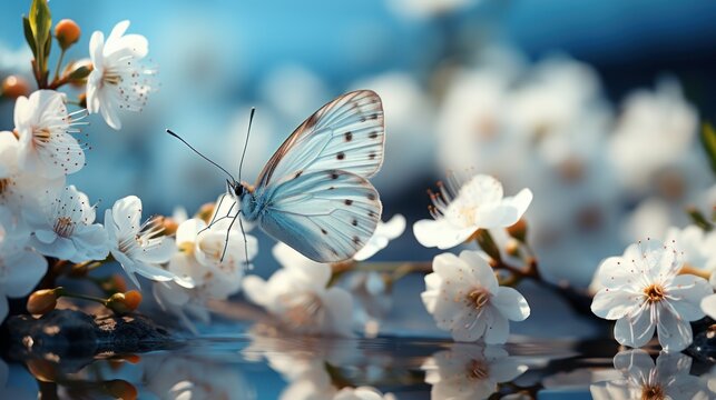 Beautiful white butterfly on white flower buds on a soft blurred blue background spring or summer in nature. Gentle romantic dreamy artistic image,