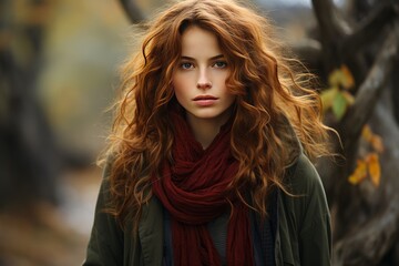 Naklejka premium beautiful young woman in an autumn landscape with warm brown winter clothes