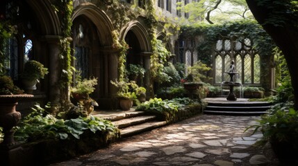 Fototapeta premium Beautiful gothic garden incircled by the guard wall of an immense manor, intricate details, giant yew tree in the center, in the style of victorian age, midnight scene,