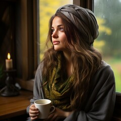 curvy girl with a blanket in autumn in a comfortable cottage