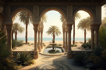 Arab Palace Sea View, Grand Hamam, Hotel, Luxurious Oriental Interiors, Abstract Generative AI Illustration - obrazy, fototapety, plakaty