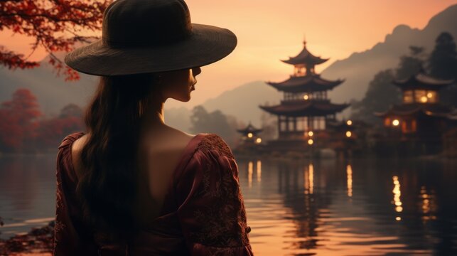 At dawn, a beautiful young woman seen from the back, walking to a pagode on a beautiful lake in China, ultrarealistic photography,