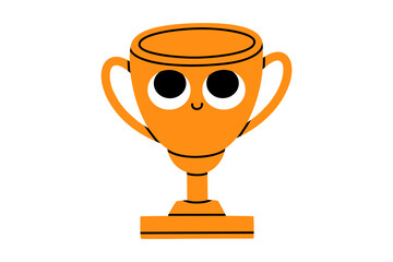 Hand drawn cute illustration of school award cup with funny face. Flat vector college competition or contest winner character in colored doodle style. Education or study sticker, icon. Isolated.
