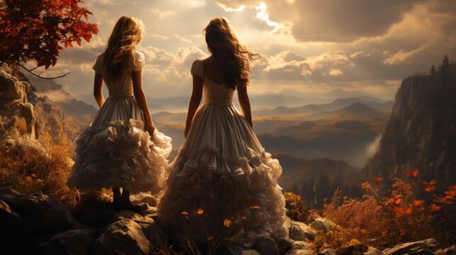 An image of 2 girls in white dresses are sitting and looking at the mountains with trees and clouds over it, one of this girls whith blonde hair and other with dark hair, in the style of detailed perf
