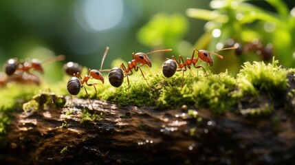 An army of ants marched bravely on the green grass, carrying food on their backs and forming a neat team tacitly.  - Powered by Adobe