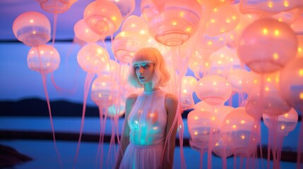 A surreal portrait of a beautiful woman standing in front of a mesmerizing array of glowing jellyfish and balloons illuminated by a soft, ethereal light. Blooming, iridescent, dark, mystic, dreamy.